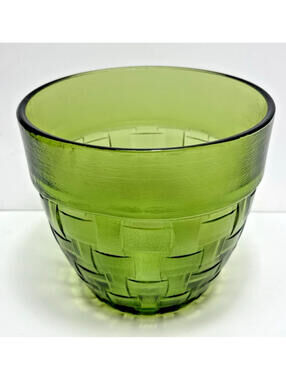 Vtg Anchor Hocking Avocado Green Glass Basket Weave Planter Vase Ice Bucket